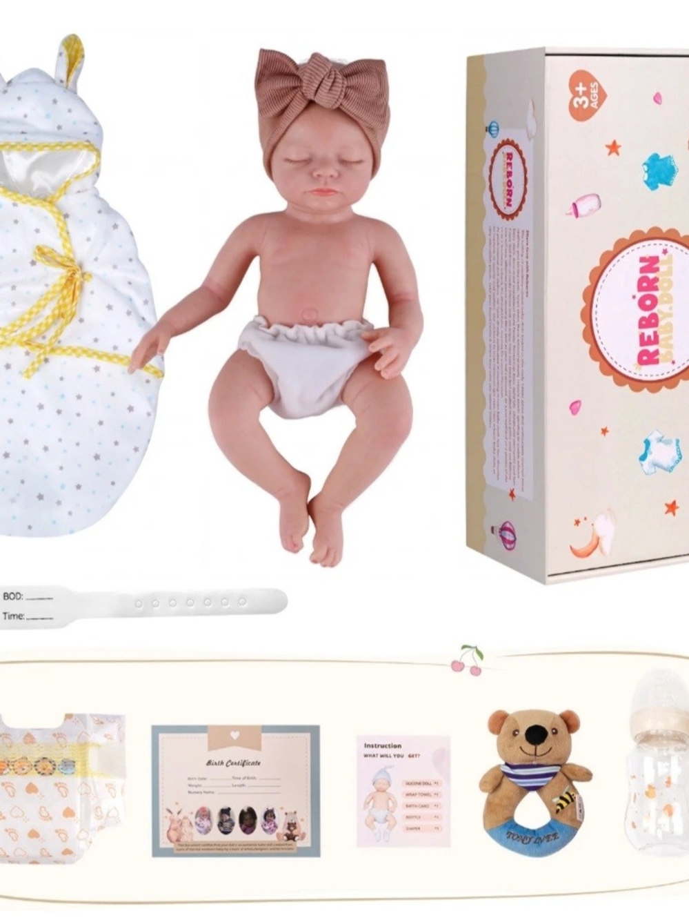 Reborn Baby Doll with Brown Headwrap and White Diaper Set